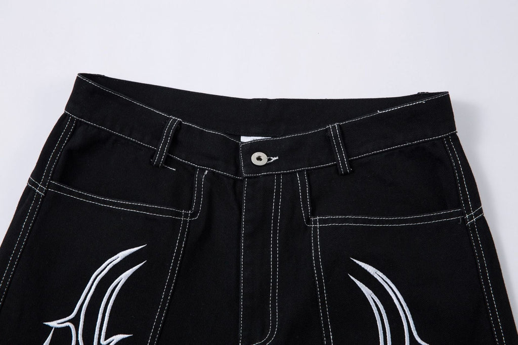 New Spring Flame Embroidery Raw Jeans