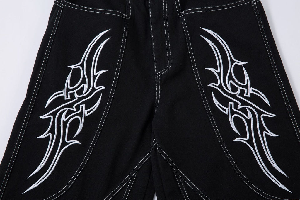 New Spring Flame Embroidery Raw Jeans