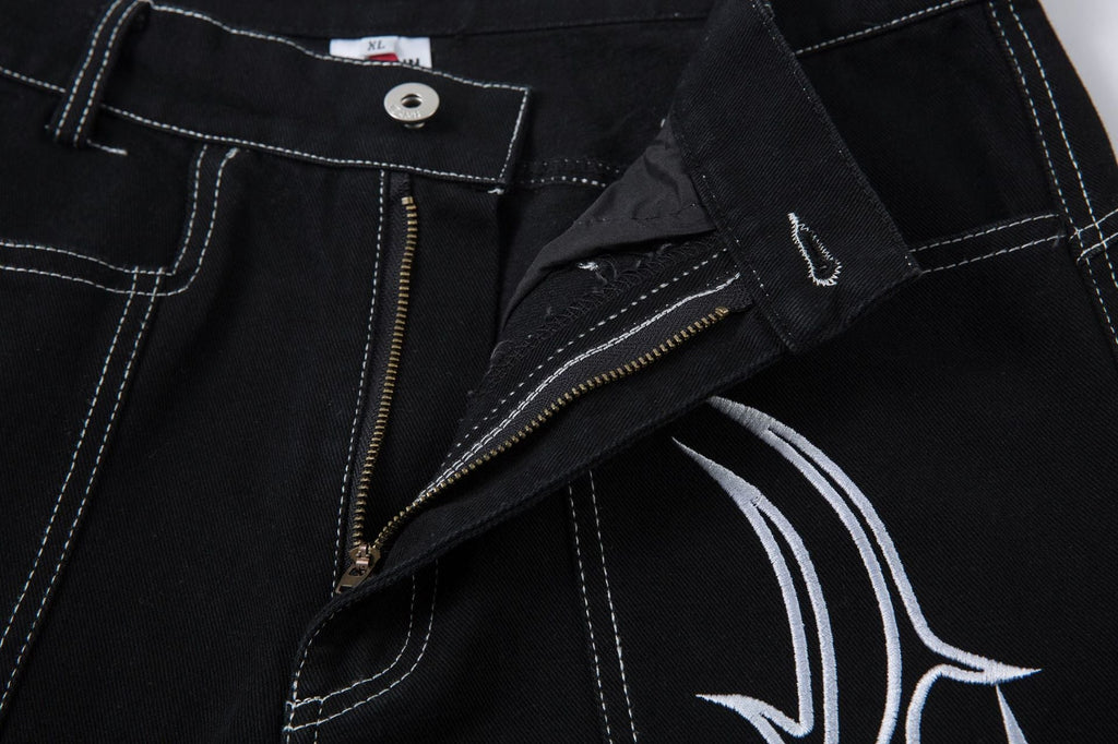 New Spring Flame Embroidery Raw Jeans